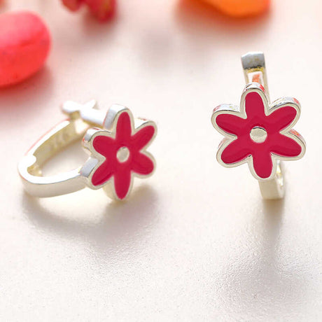 Sterling Silver Huggie Earrings - Pink Enamel Floral Kids Design