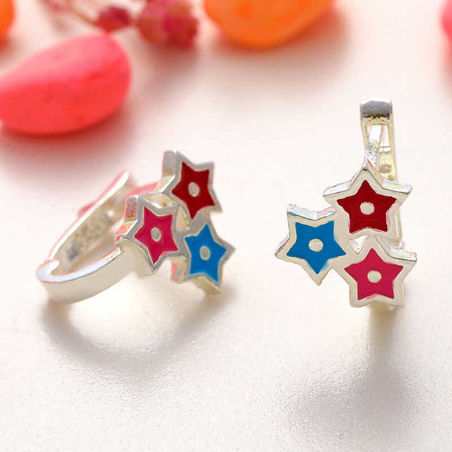 Sterling Silver Kids' Hoop Earrings - Colorful Enamel Stars