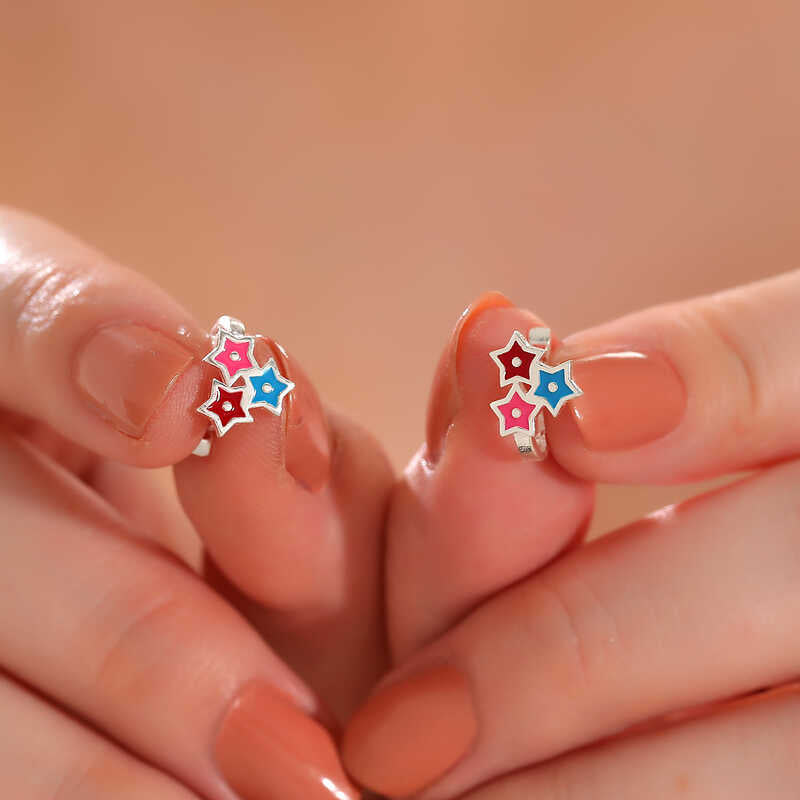 Sterling Silver Kids' Hoop Earrings - Colorful Enamel Stars