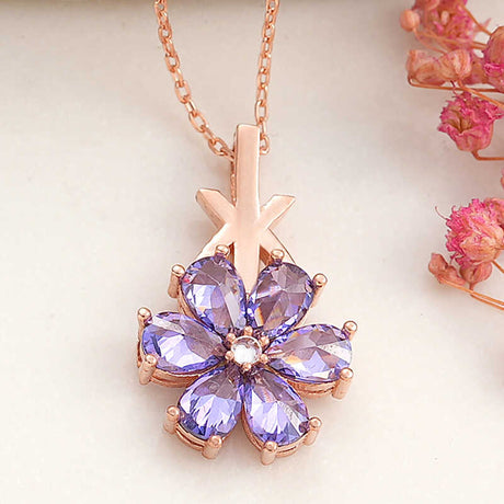 Necklace - Rose Gold-Tone Purple Floral Gemstone Pendant