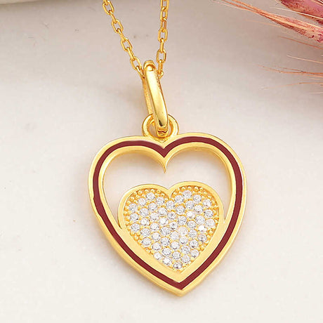Gold-Tone Zirconia Nested Heart Pendant Necklace with Enamel