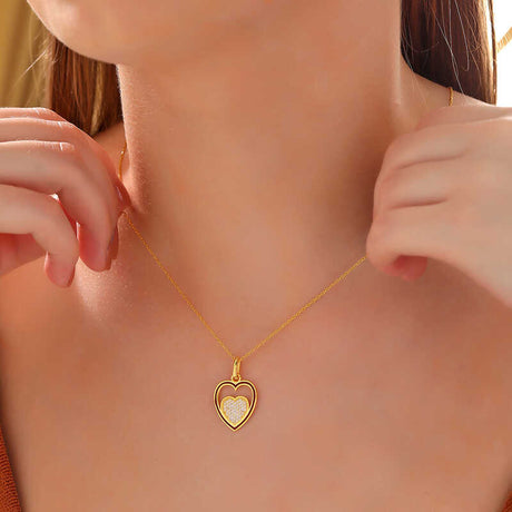Gold-Tone Zirconia Nested Heart Pendant Necklace with Enamel