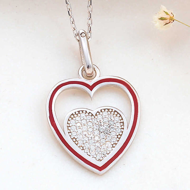 Necklace - Silver-Tone Nested Heart with Red Enamel & Sparkling Stones