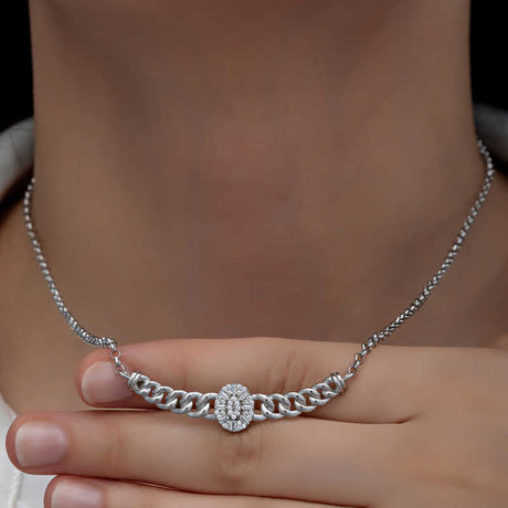 Necklace - Sterling Silver Oval Baguette Cluster Chain