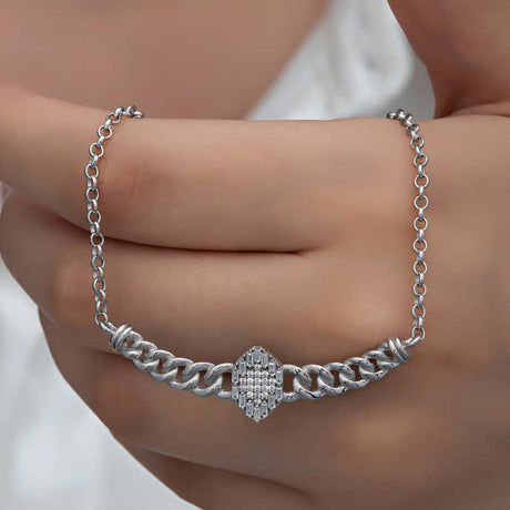 Necklace - Sterling Silver Baguette & Pave Stone Chain