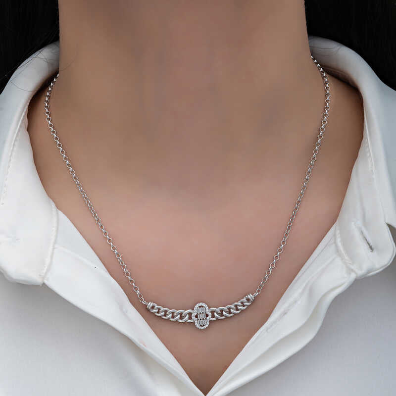 Bracelet en argent sterling - Chaîne gourmette élégante avec zircones cubiques baguette et rondes