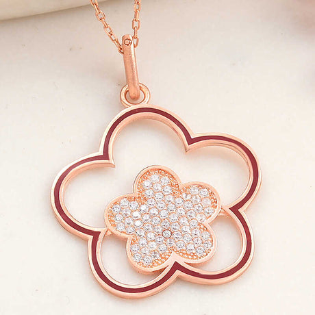 Rose Gold Tone Flower Necklace - Pave Zirconia Dainty Floral Pendant