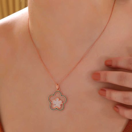 Rose Gold Plated Necklace - Sparkling Cubic Zirconia & Teal Floral Pendant