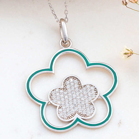 Sterling Silver Floral Necklace - Sparkling Cubic Zirconia & Green Enamel