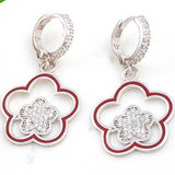 Sterling Silver Dangle Earrings - Sparkling Red Enamel Flower Design