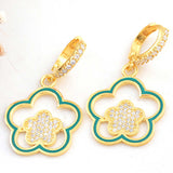 Gold-Tone Dangle Earrings - Teal Enamel Flower with Paved Cubic Zirconia