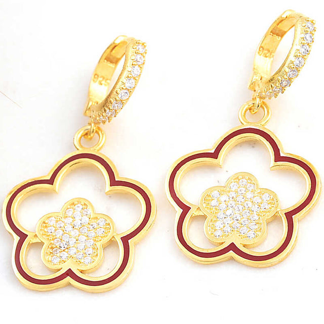 Dangle Earrings - Gold Plated 925 Sterling Silver Cubic Zirconia Floral Charm