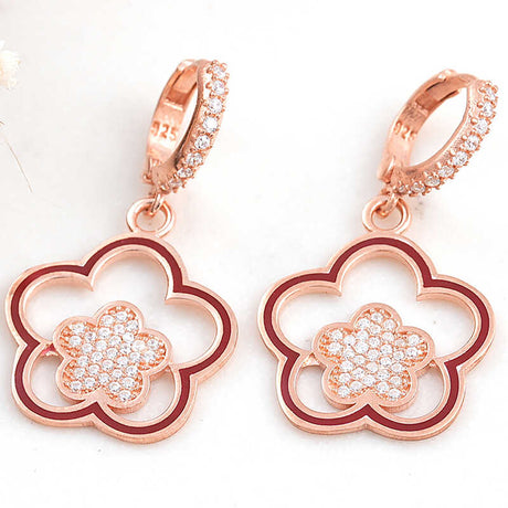 Rose Gold Plated Sterling Silver - Sparkling Floral Dangle Hoop Earrings