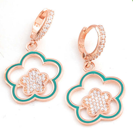 Rose Gold Plated Sterling Silver Dangle Earrings - CZ Floral & Enamel Clover