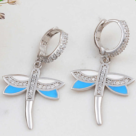 Dragonfly Dangle Earrings - Sterling Silver Enamel & Cubic Zirconia
