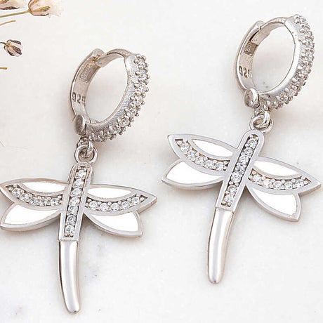 Sterling Silver Dragonfly Dangle Earrings - Sparkling Zirconia & White Enamel