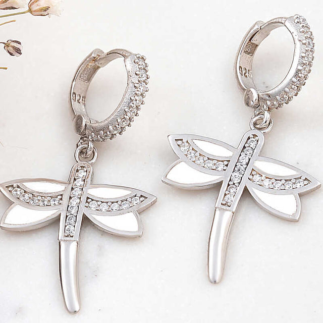 Sterling Silver Dragonfly Dangle Earrings - Sparkling Zirconia & White Enamel
