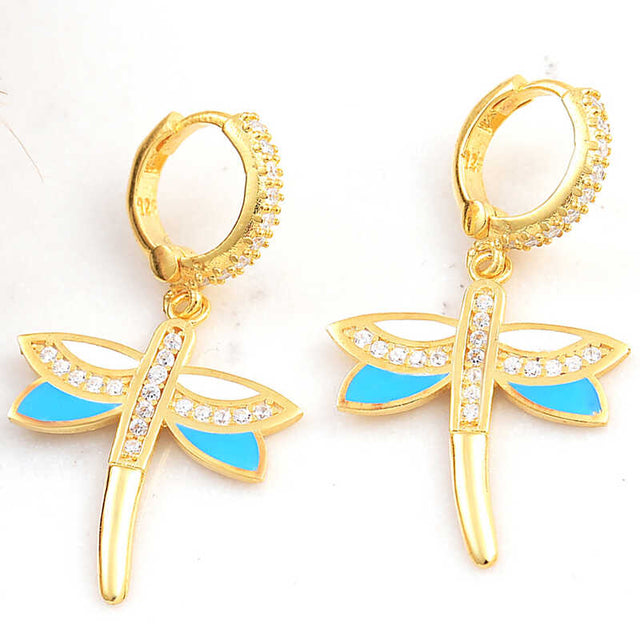 Gold-Plated Sterling Silver Dragonfly Dangle Earrings with Zirconia & Enamel
