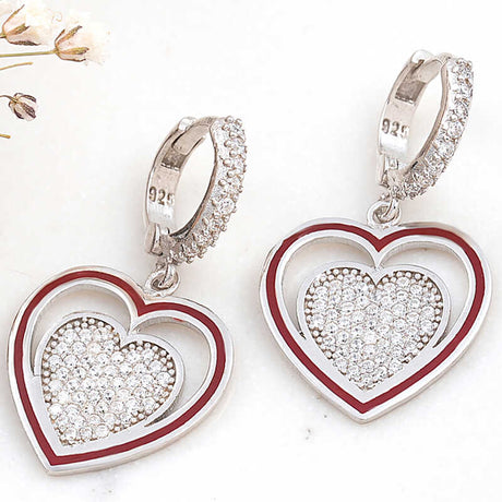 Sterling Silver Dangle Earrings - Dazzling Pave & Red Enamel Double Heart