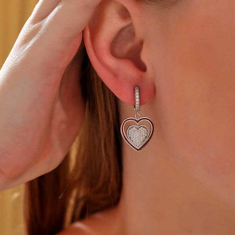 Sterling Silver Dangle Earrings - Dazzling Pave & Red Enamel Double Heart