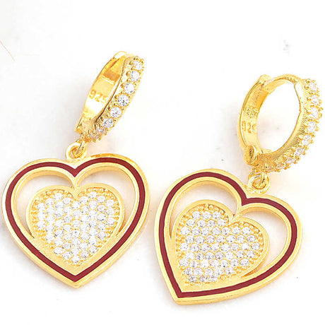 Dangle Earrings - Gold-Plated Sterling Silver Dazzling Nested Heart
