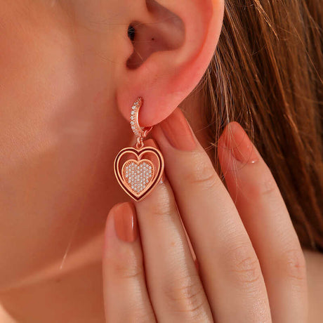 Rose Gold Plated Sterling Silver Dangle Earrings - Sparkling Heart Charm