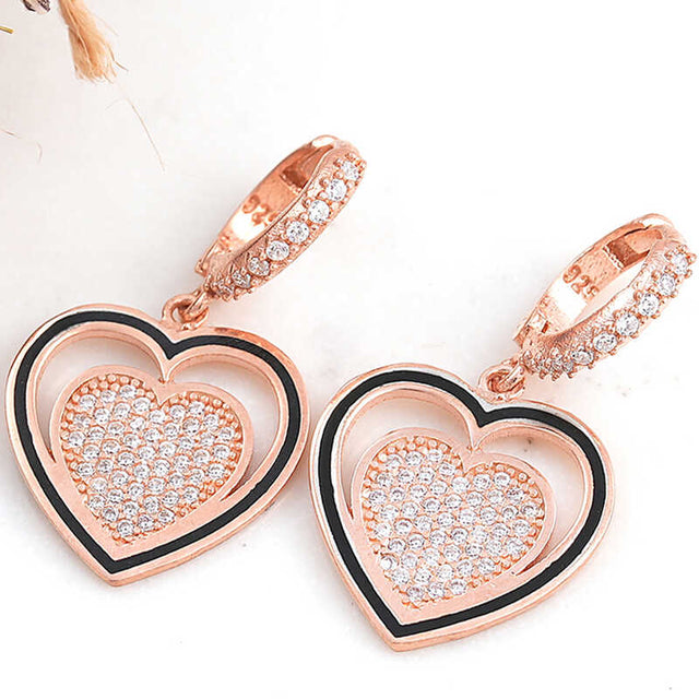 Rose Gold Plated Sterling Silver Pave CZ Double Heart Dangle Earrings