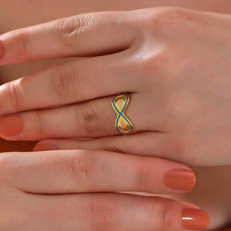 Gold-Tone Infinity Ring - Sparkling Zirconia & Blue Enamel Design
