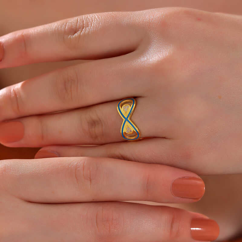 Gold-Tone Infinity Ring - Sparkling Zirconia & Blue Enamel Design