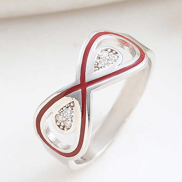 Sterling Silver Zircon Infinity Ring with Red Enamel