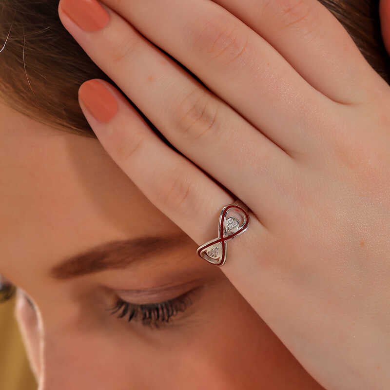 Sterling Silver Zircon Infinity Ring with Red Enamel