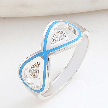 Sterling Silver Infinity Ring - Zircon & Blue Enamel Modern Design