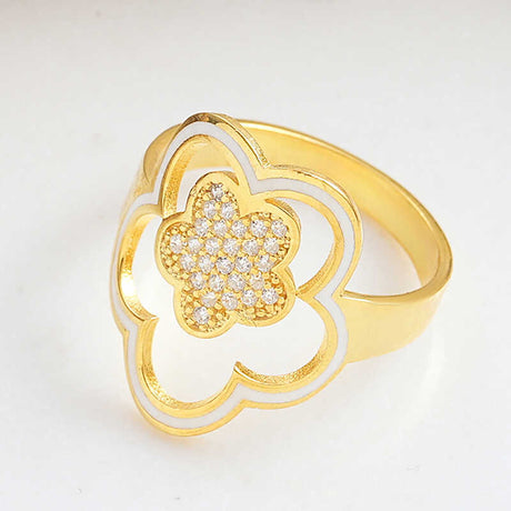 Gold-Tone Clover Flower Ring with Sparkling Cubic Zirconia & White Enamel