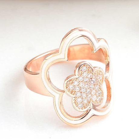 Rose Gold Tone Ring - Sparkling Pavé CZ Floral Clover Design