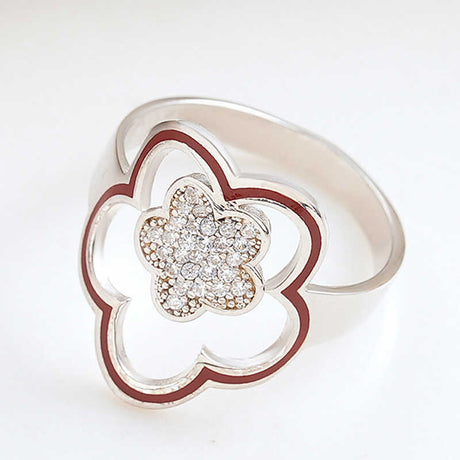 Ring - Silver-Tone Pave Flower with Red Enamel Outline