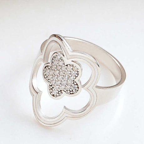 Ring - Sterling Silver Sparkling Flower Clover Ring with Pavé Zirconia