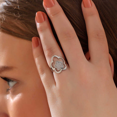 Ring - Sterling Silver Sparkling Flower Clover Ring with Pavé Zirconia