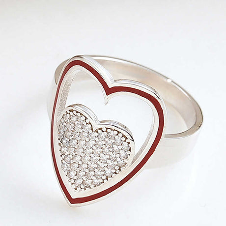 Silver-Tone Double Heart Ring - Pave White Stones & Red Enamel Accent