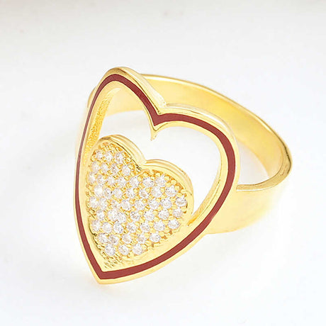 Gold-Tone Double Heart Ring - Zirconia Pave & Red Enamel
