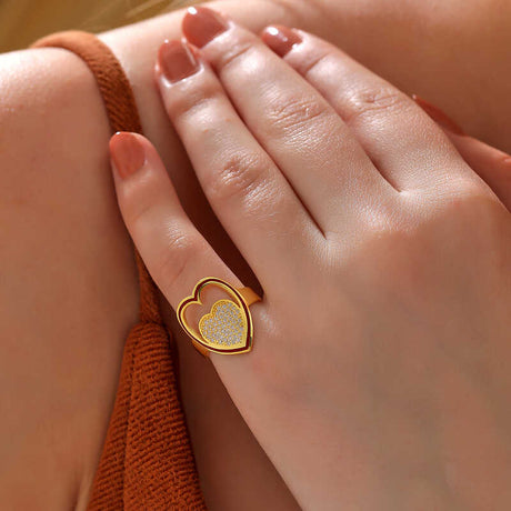 Gold-Tone Double Heart Ring - Zirconia Pave & Red Enamel