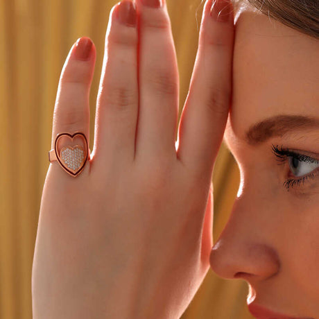 Ring - Rose Gold Plated Pave Cubic Zirconia Heart Statement Ring