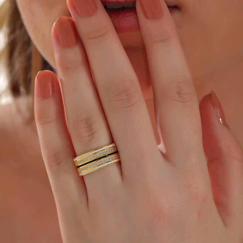 Ring - Gold-Tone Zirconia & Enamel Multi-Band Statement Ring