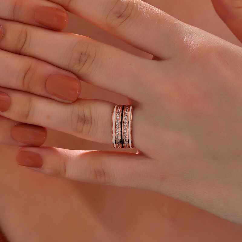 Rose Gold-Tone Zirconia & Enamel Multi-Row Band Ring