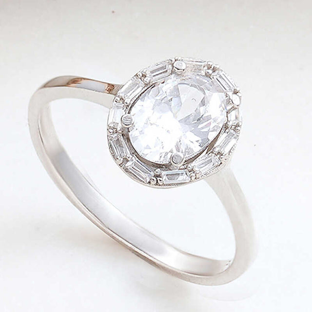Women's Ring - Sterling Silver Oval Zircon Halo Statement Ring