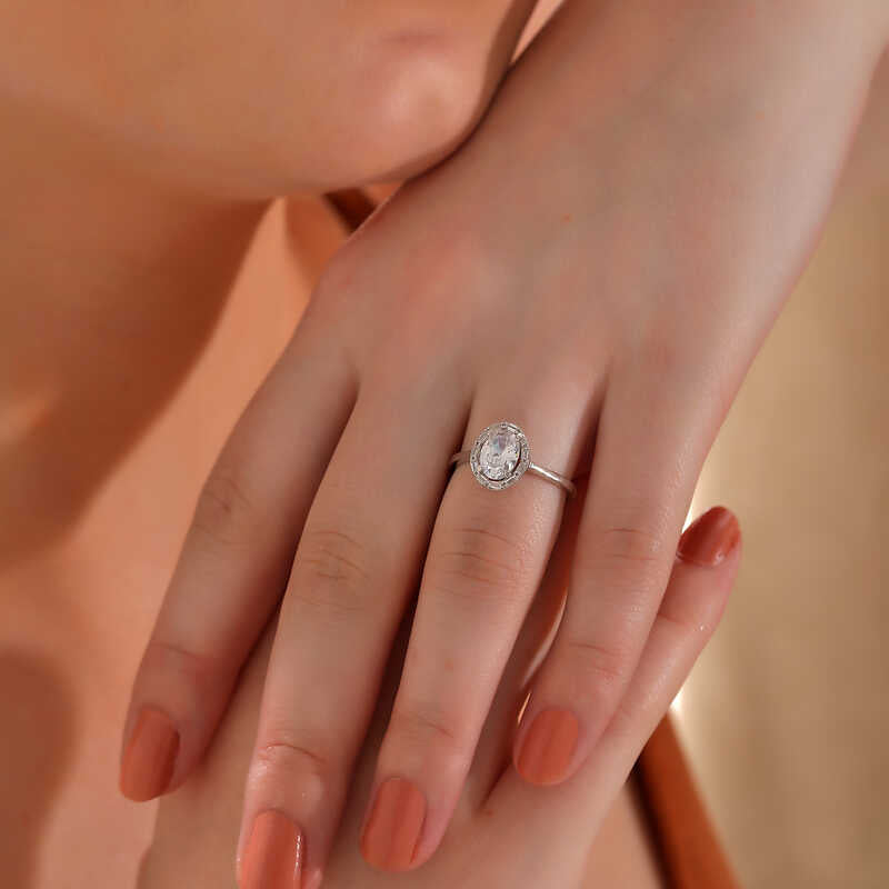 Women's Ring - Sterling Silver Oval Zircon Halo Statement Ring