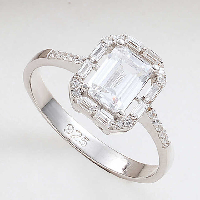 Sterling Silver Ring - Elegant Emerald Cut & Baguette Halo