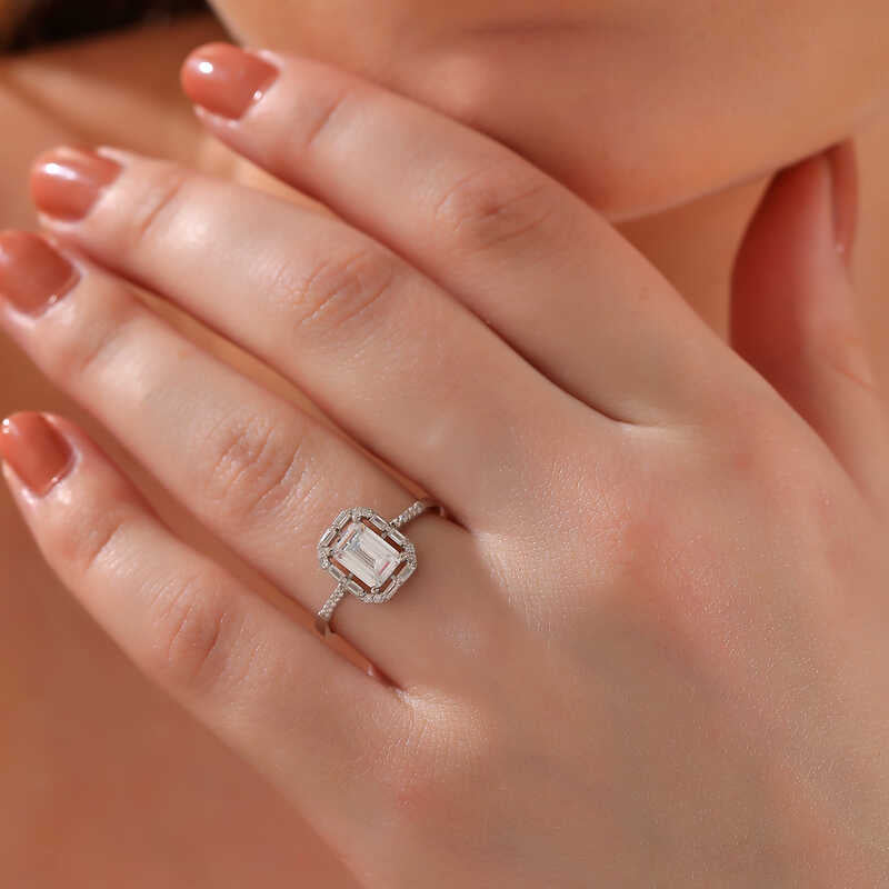 Sterling Silver Ring - Elegant Emerald Cut & Baguette Halo