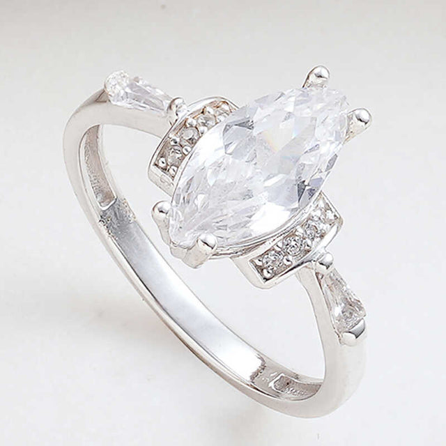 Sterling Silver Marquise Zircon Solitaire Ring with Accents