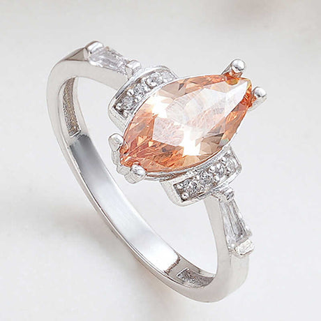 Elegant Silver-Tone Ring with Marquise Peach Zircon and Pave Accents