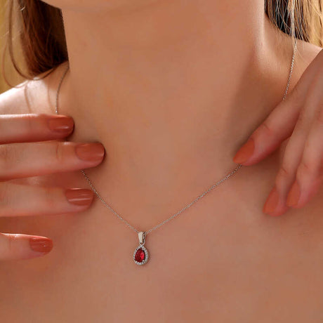 Sterling Silver - Pink Zircon Pear Halo Pendant Necklace